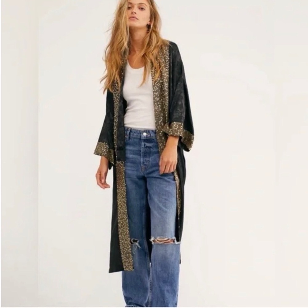 Free People Sequin Trim Kimono Duster | Black Floral Jacquard